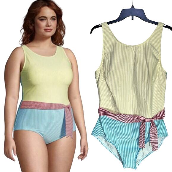 Lands' End One Piece Swimsuit Seersucker Nautical - Picture 1 of 12